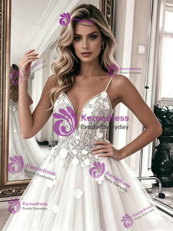 White Tulle Lace Spagheti Straps Wedding Dress