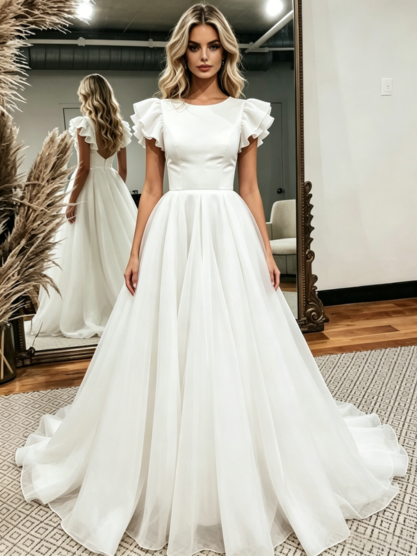 Simple White Scoop Neck Backless Wedding Dress