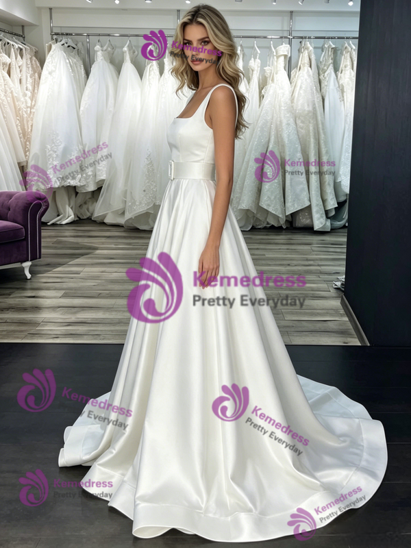 White Satin Straps Belt Wedding Dress