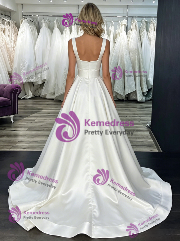 White Satin Straps Belt Wedding Dress