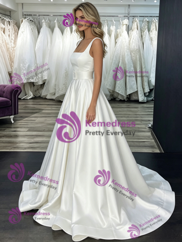 White Satin Straps Belt Wedding Dress