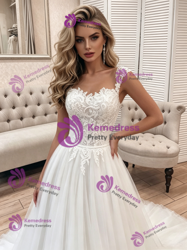 Fashion White Tulle Lace Straps Wedding Dress