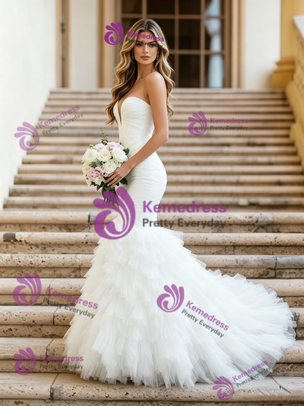 White Mermaid Tulle Strapless Pleats Wedding Dress