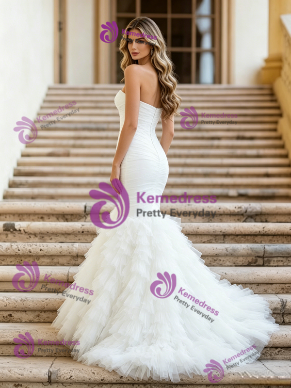 White Mermaid Tulle Strapless Pleats Wedding Dress
