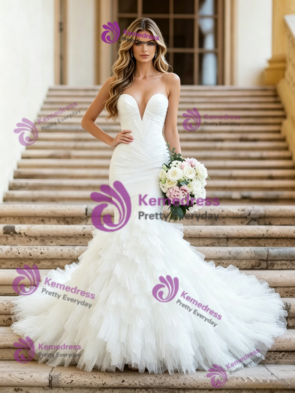White Mermaid Tulle Strapless Pleats Wedding Dress