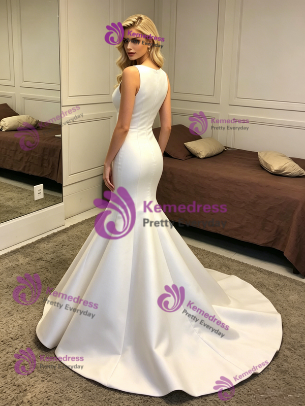 Simple White Mermaid Satin Wedding Dress