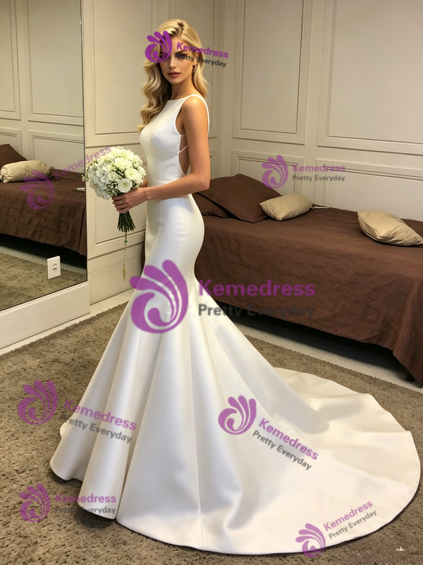 Simple White Mermaid Satin Wedding Dress