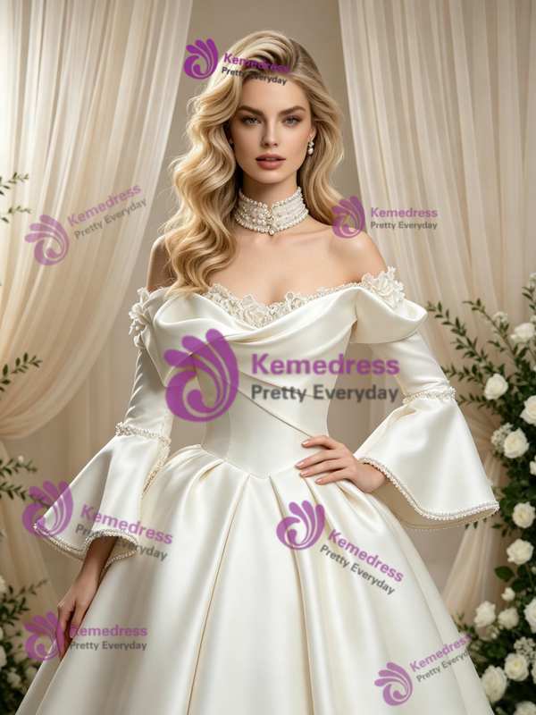 Ivory Satin Long Sleeve Pleats Wedding Dress
