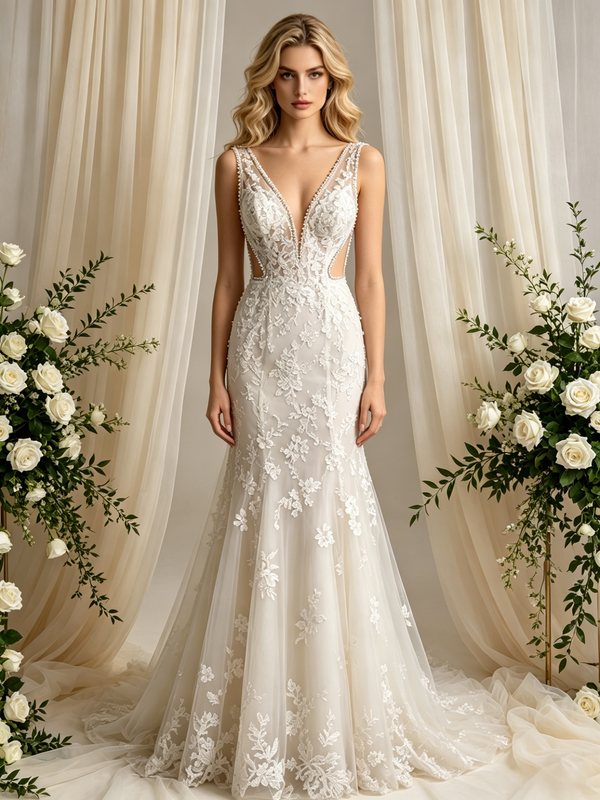 Beige Mermaid Tulle Lace V-Neck Wedding Dress