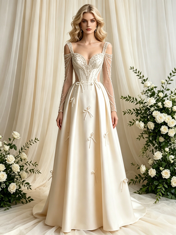 Ivory Satin Long Sleeve Beading Bow Wedding Dress