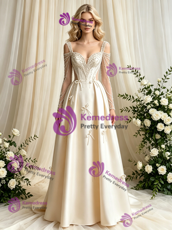Ivory Satin Long Sleeve Beading Bow Wedding Dress