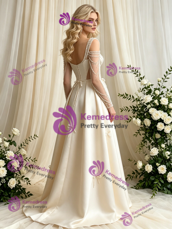 Ivory Satin Long Sleeve Beading Bow Wedding Dress