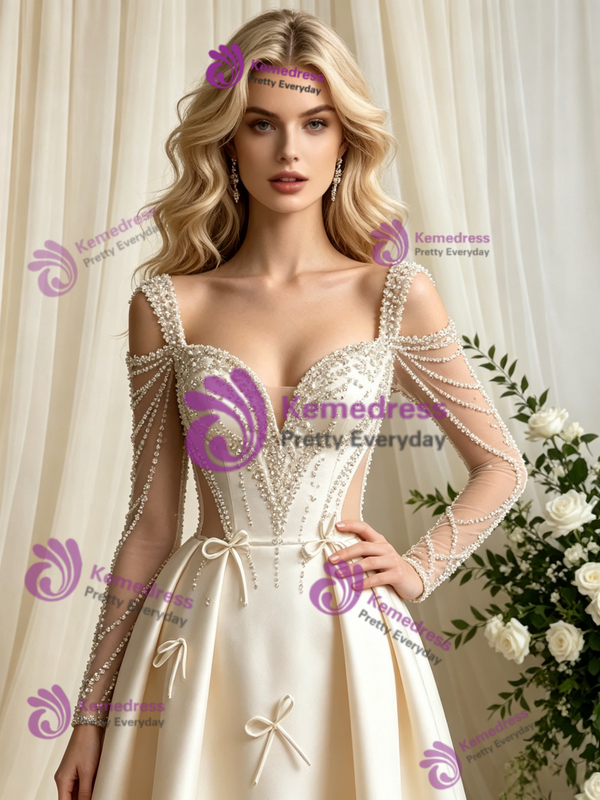 Ivory Satin Long Sleeve Beading Bow Wedding Dress