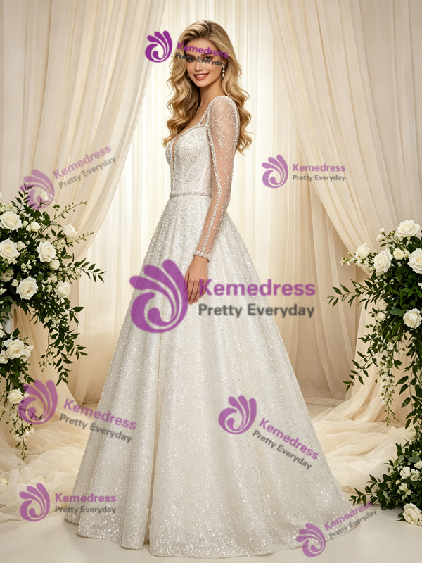 White Sequins Long Sleeve Beading Wedding Dress