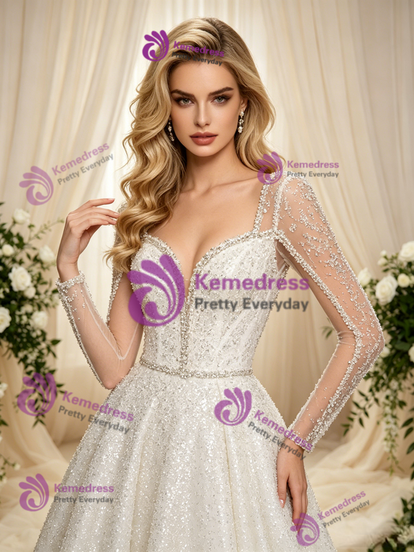 White Sequins Long Sleeve Beading Wedding Dress
