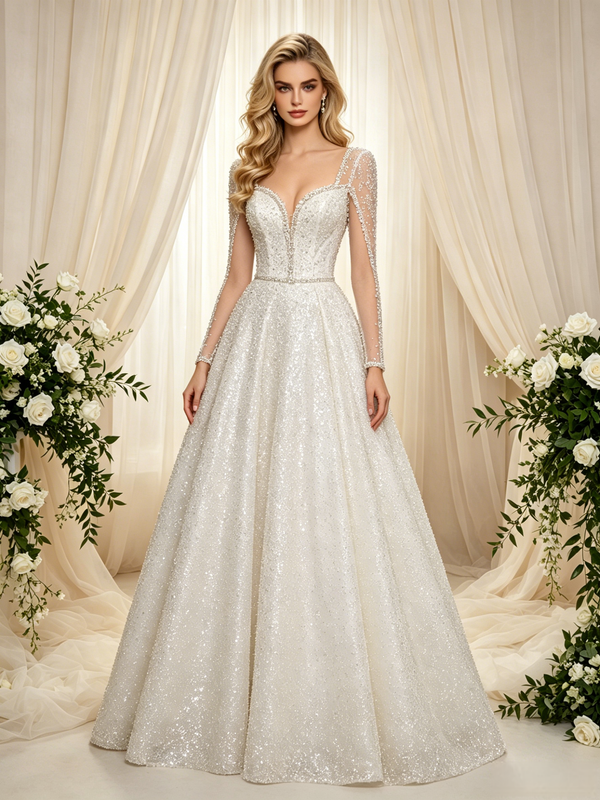 White Sequins Long Sleeve Beading Wedding Dress