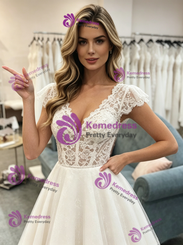 Simple White Tulle V-Neck Lace Cap Sleeve Wedding Dress