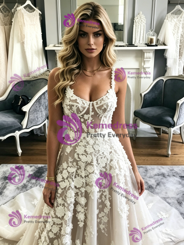 A-Line Tulle Appliques Straps Wedidng Dress