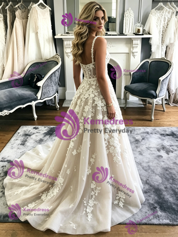 A-Line Tulle Appliques Straps Wedidng Dress