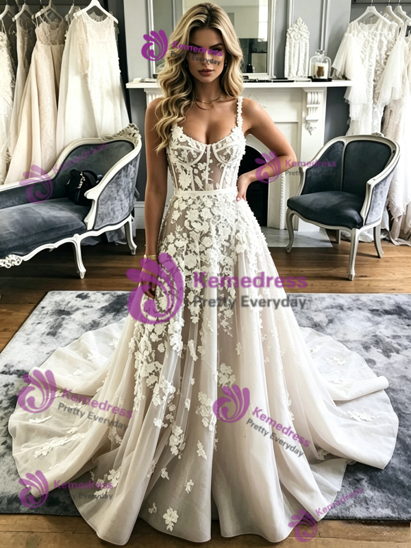 A-Line Tulle Appliques Straps Wedidng Dress