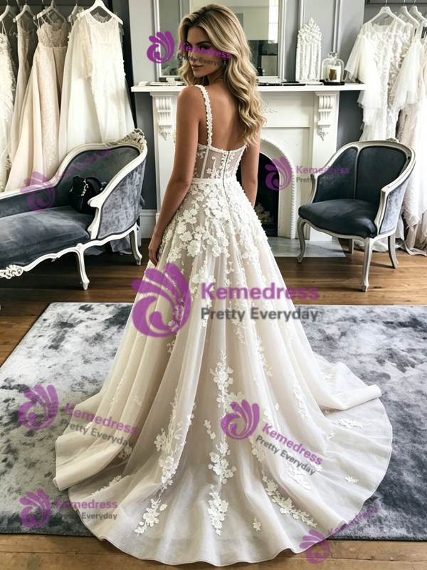 A-Line Tulle Appliques Straps Wedidng Dress