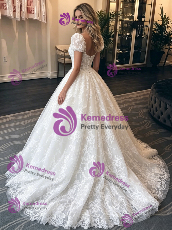 White Lace Square Neck Puff Sleeve Wedding Dress