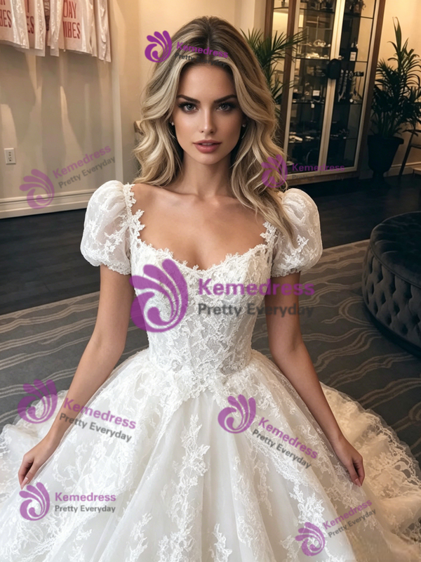 White Lace Square Neck Puff Sleeve Wedding Dress