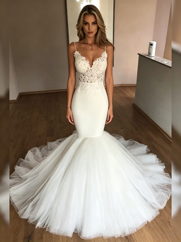 Sexy White Mermaid Lace Spaghetti Straps Wedding Dress