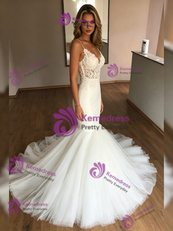 Sexy White Mermaid Lace Spaghetti Straps Wedding Dress