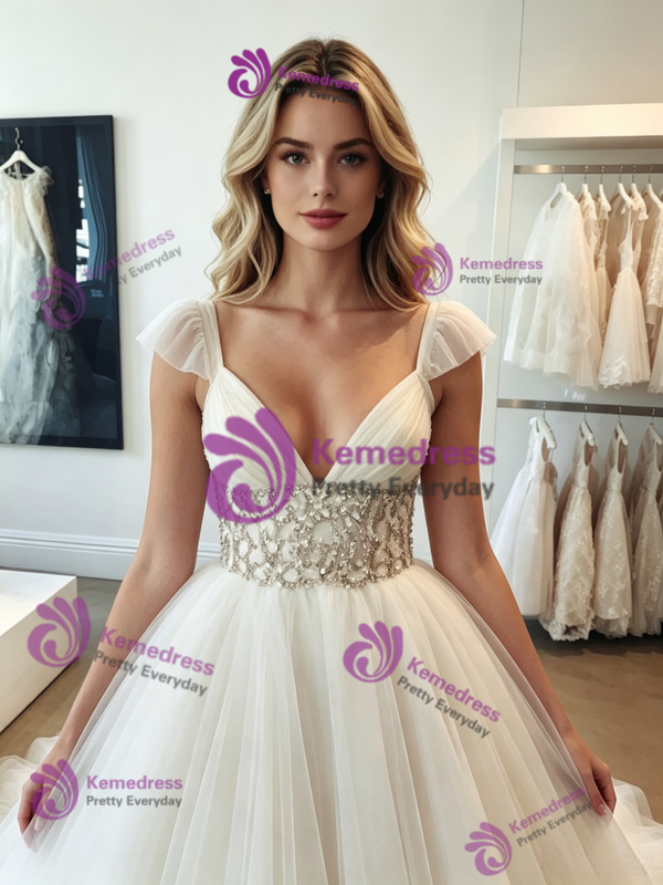 White V-neck Tulle Beading Wedding Dress