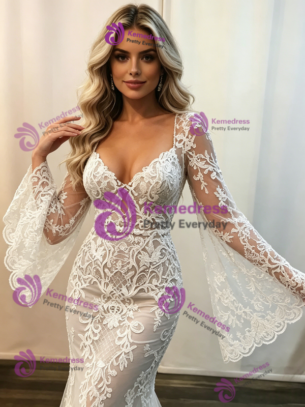 White Mermaid Lace Long Sleeve Wedding Dress