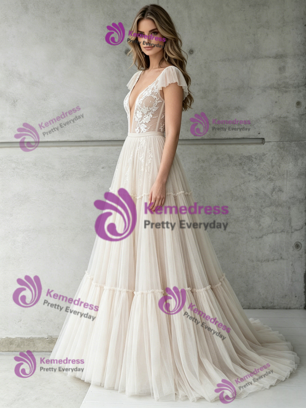 Ivory Tulle Lace V-neck Wedding Dress