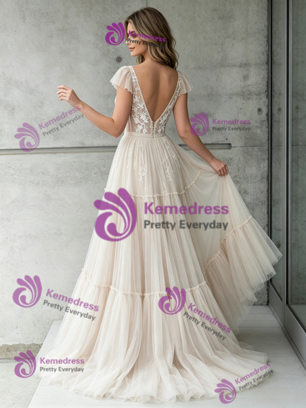 Ivory Tulle Lace V-neck Wedding Dress