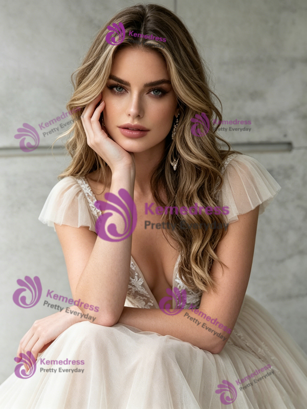 Ivory Tulle Lace V-neck Wedding Dress