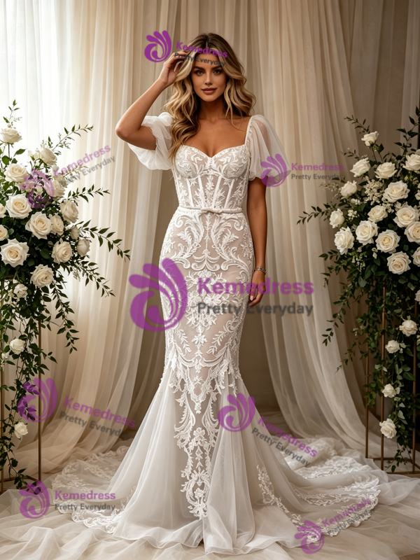 White Mermaid Lace Square Neck Puff Sleeve Wedding Dress