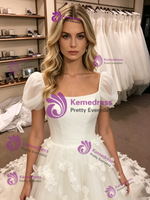 White Tulle Puff Sleeve 3D Flower Wedding Dress