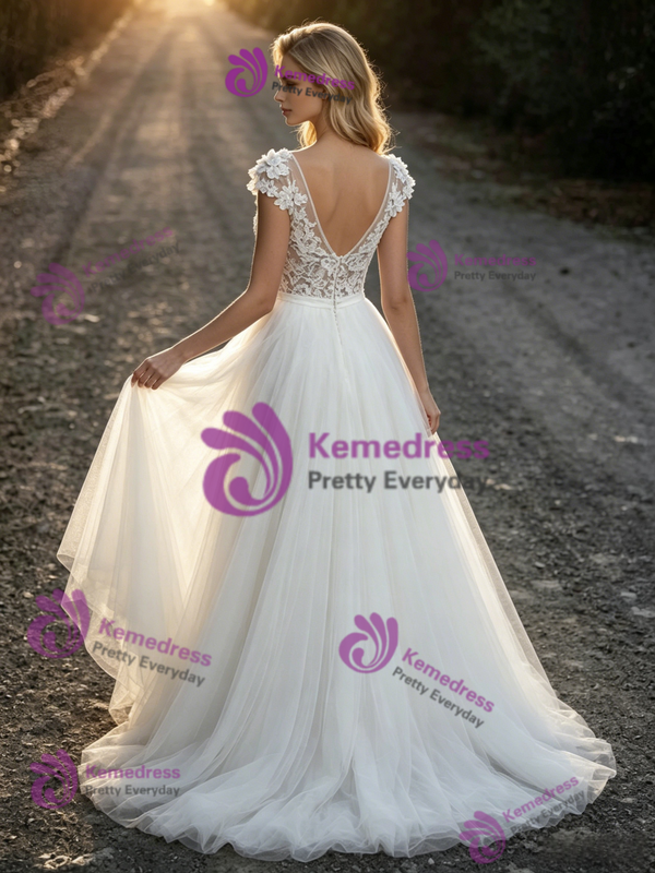 Simple White Tulle Lace V-Neck Wedding Dress