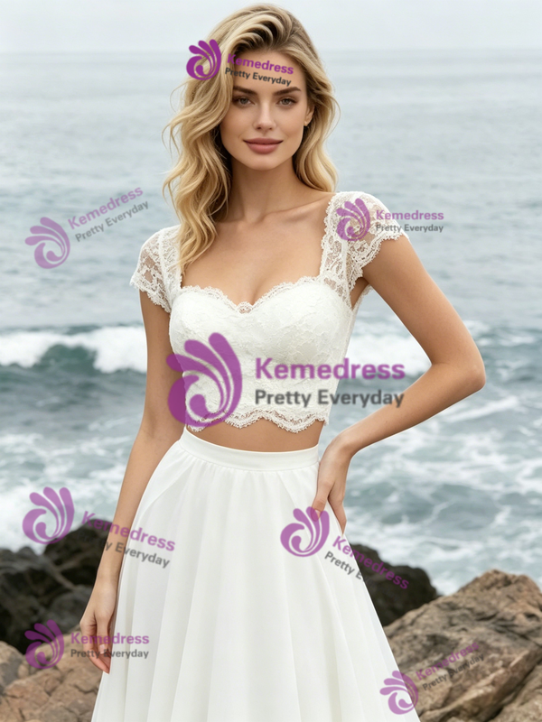 White Chiffon Lace Two Piece Wedding Dress