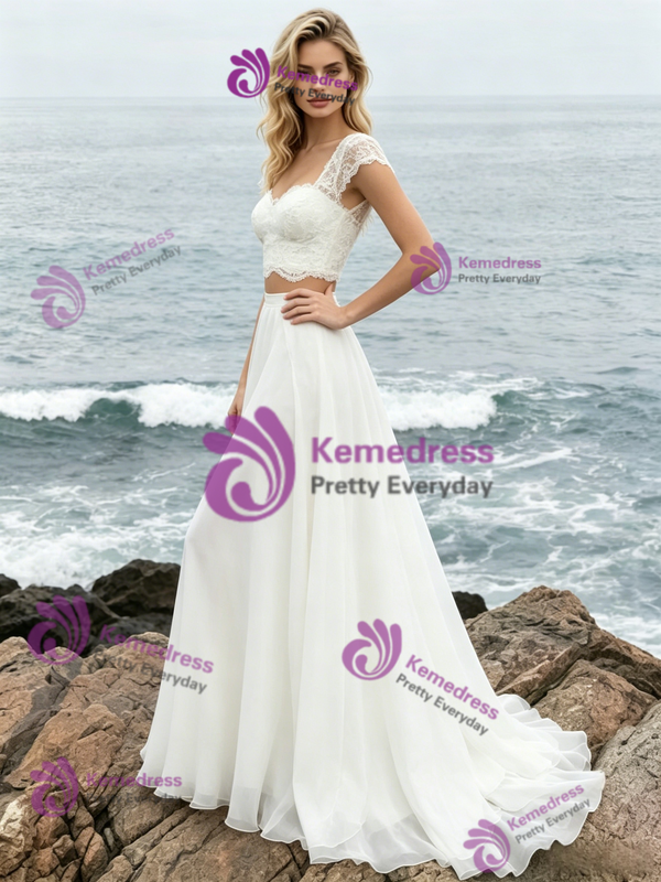 White Chiffon Lace Two Piece Wedding Dress