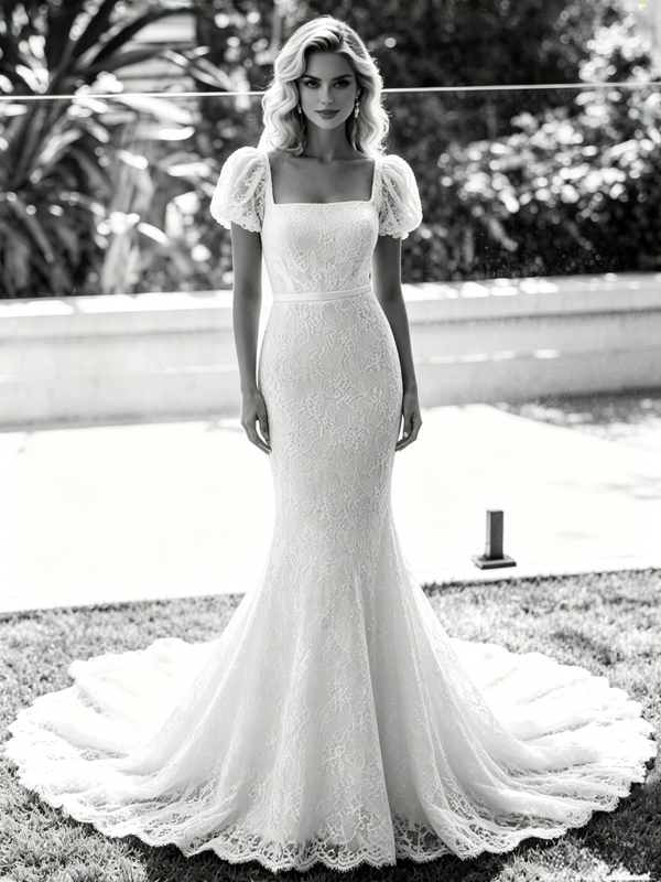 White Mermaid Lace Puff Sleeve Wedding Dress