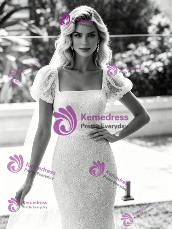 White Mermaid Lace Puff Sleeve Wedding Dress
