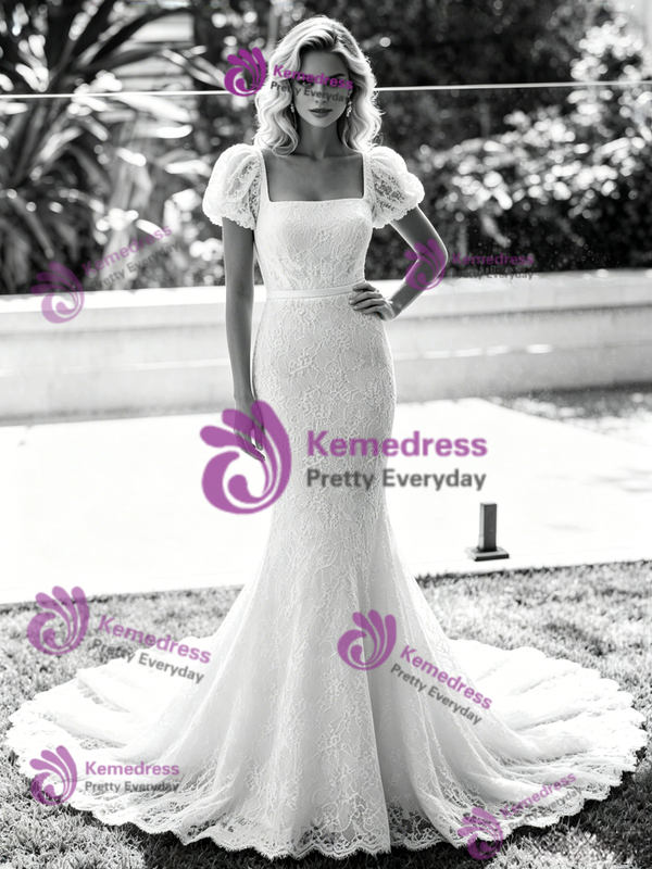 White Mermaid Lace Puff Sleeve Wedding Dress