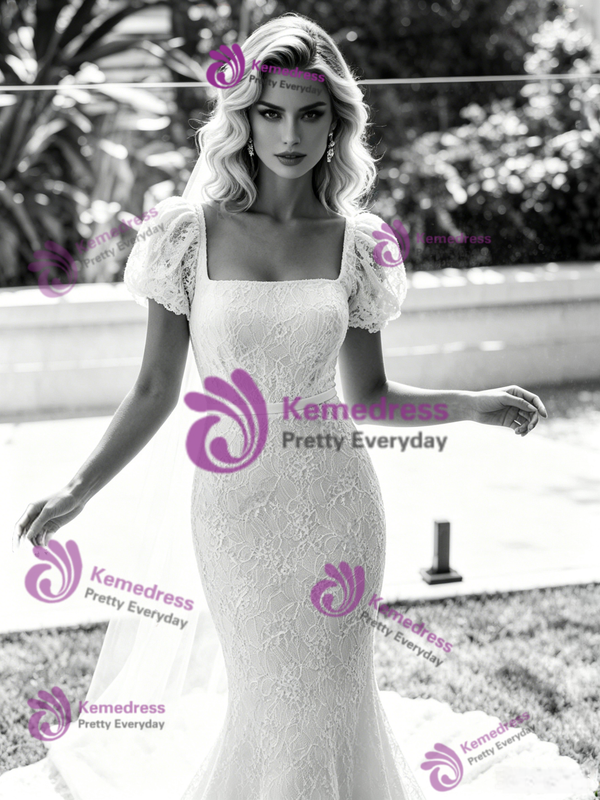 White Mermaid Lace Puff Sleeve Wedding Dress