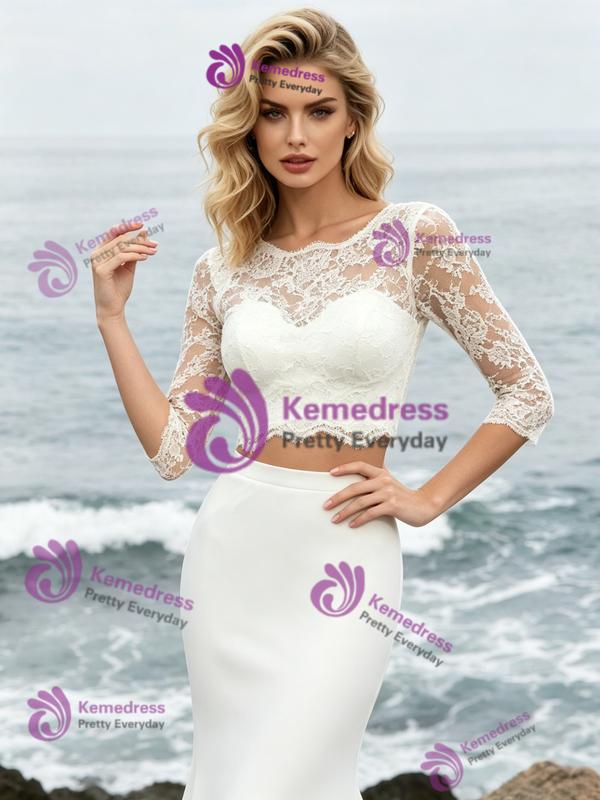 White Two Piece Short Sleeve Chiffon Lace Wedding Dress