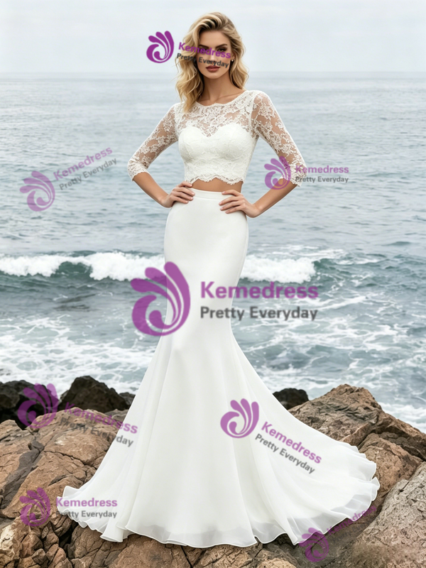 White Two Piece Short Sleeve Chiffon Lace Wedding Dress