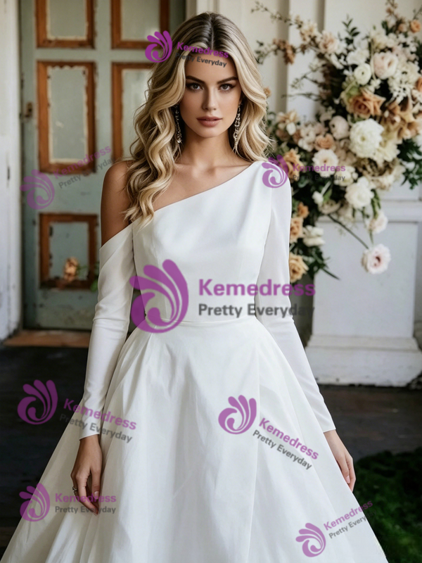 White Satin One Shoulder Long Sleeve Wedding Dress