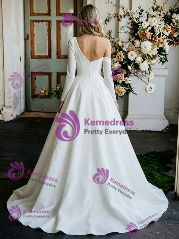 White Satin One Shoulder Long Sleeve Wedding Dress