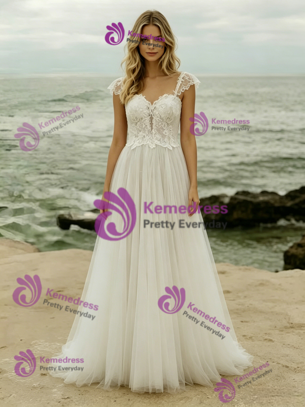 Simple White Lace Straps Wedding Dress