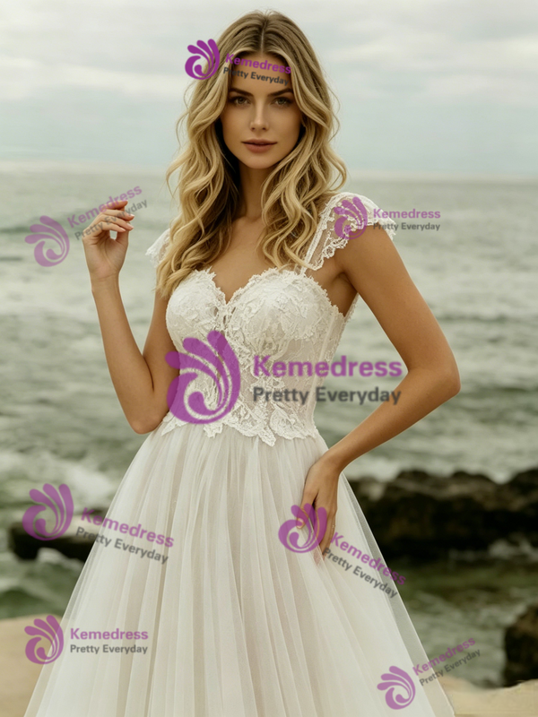 Simple White Lace Straps Wedding Dress