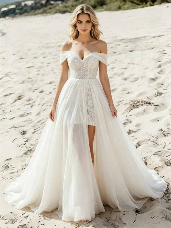 White Chiffon Off The Shoulder Wedding Dress